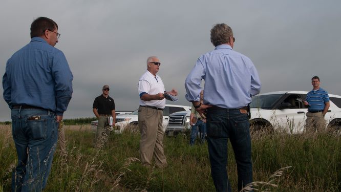 Upper Big Blue NRD General Manager David Eigenberg presents to NRCS staff and others at the Kirkpatrick Basin near York