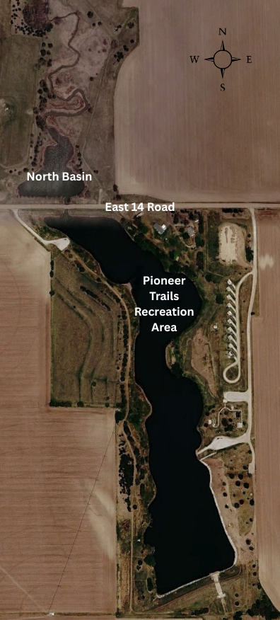 Aerial photograph of Pioneer Trails Recreation Area showing North Basin and East 14 Road