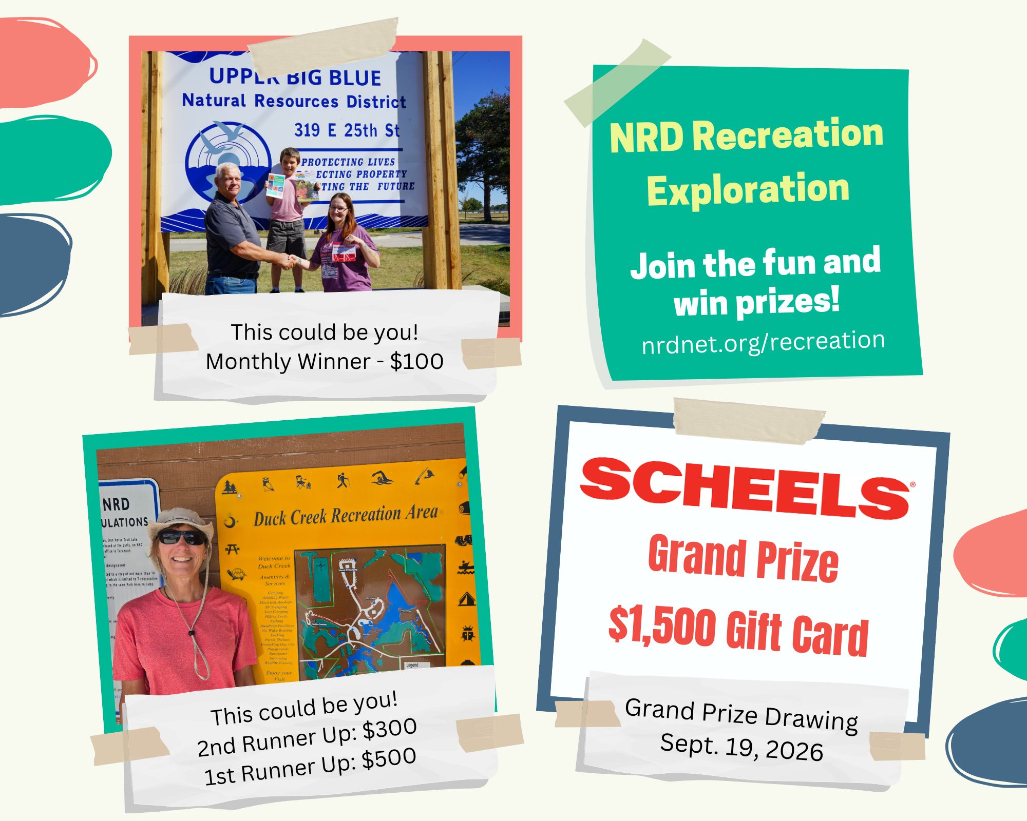 Graphic with pictures of past NRD Recreation Exploration winners. Grand Prize Drawing September 19, 2026.