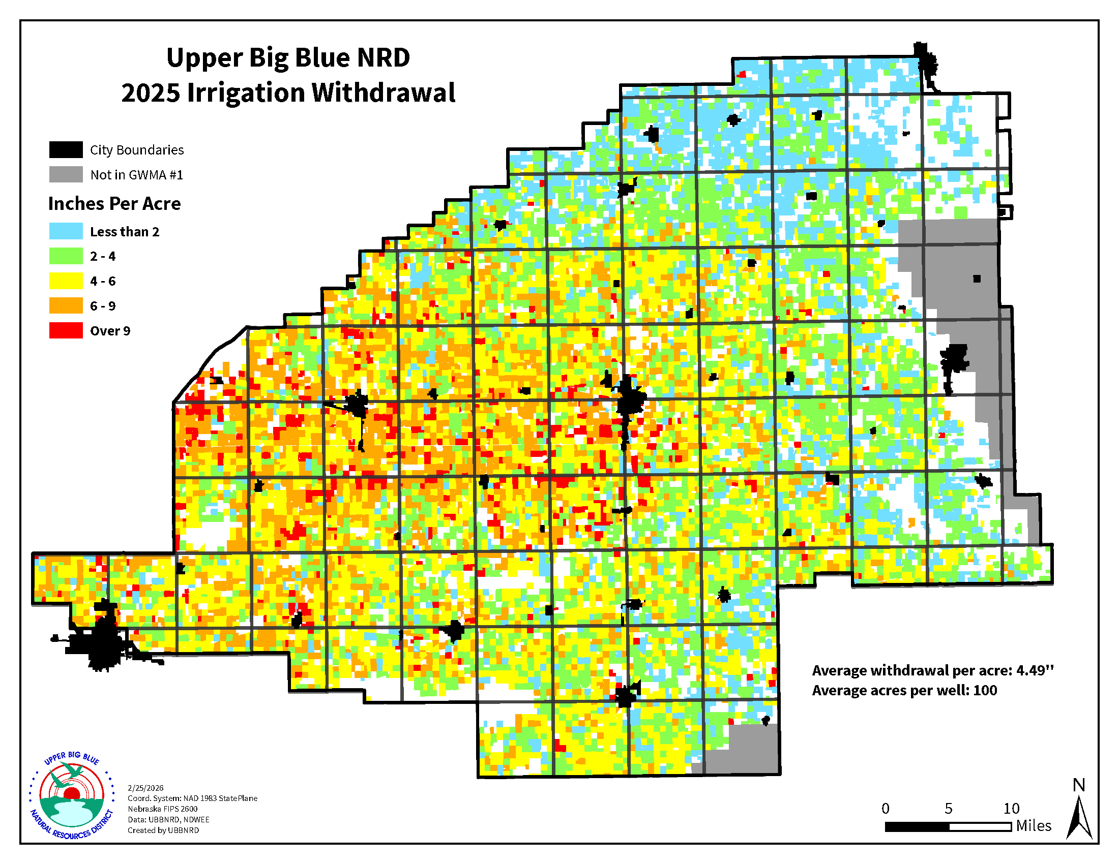 Heat map of 2025 irrigation withdrawals across the Upper Big Blue NRD