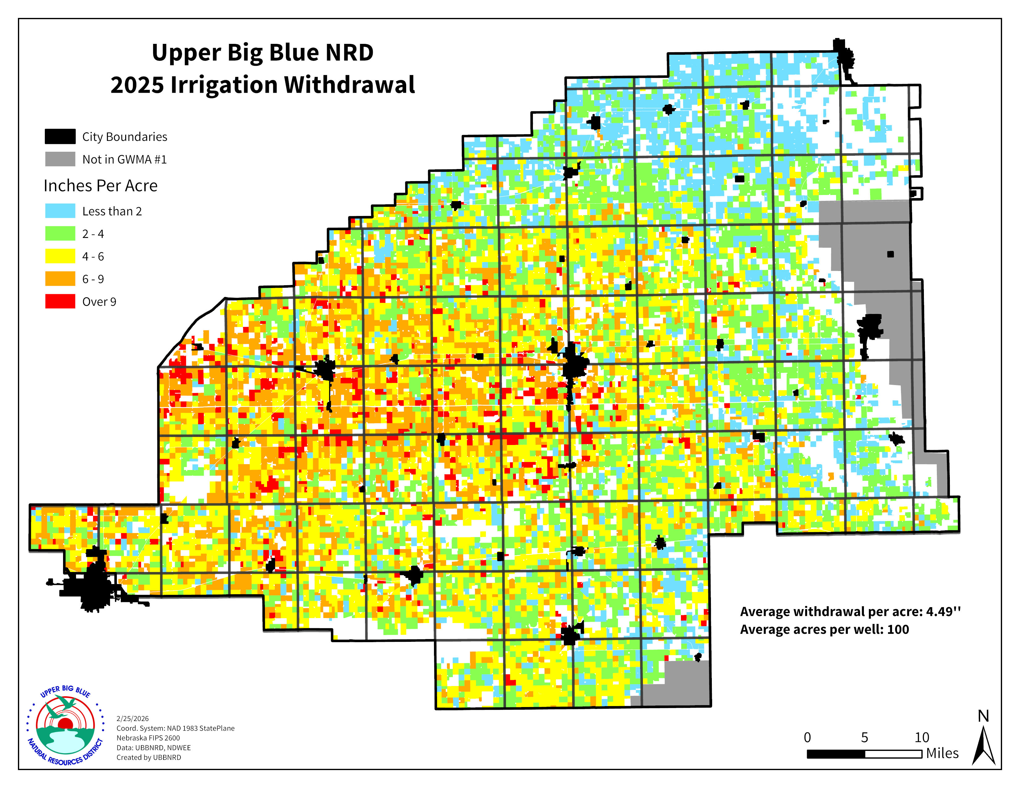 2025 Irrigation withdrawal map in inches per acre across the district